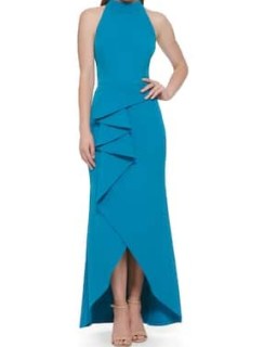 Vince Camuto Ruffled Mock-Neck Gown in Teal | sleeveless high neck ruffle detail occasion gowns | sophisticated party clothing | evening event maxi dresses