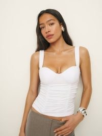 Reformation Linnea Knit Top in White – fitted crop hem bustier style tops