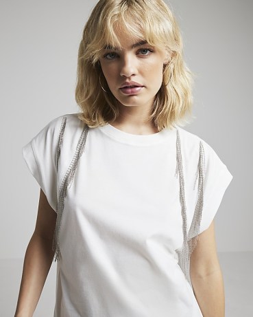 RIVER ISLAND White Chain Fringe T-Shirt ~ embellished tee