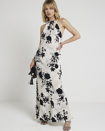 RIVER ISLAND White Floral Halter Neck Slip Maxi Dress ~ glamorous summer evening halterneck dresses ~ women’s party fashion