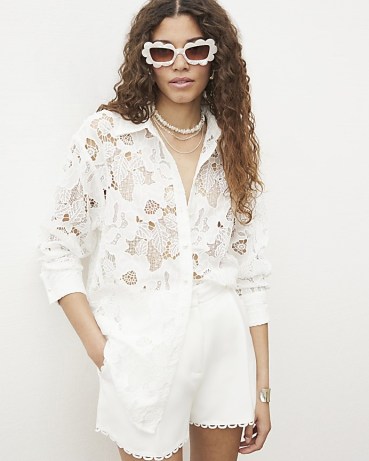 RIVER ISLAND White Lace Shirt / women’s semi sheer floral shirts