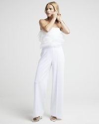RIVER ISLAND White Organza Frill Jumpsuit ~ strapless ruffled front jumpsuits ~ bandeau neckline evening fashion ~ women’s party clothes