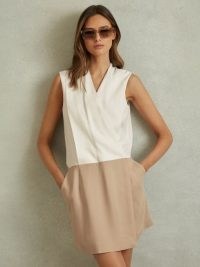 Reiss VIE WRAP-FRONT SHIFT DRESS in Nude/Ivory / chic sleeveless colour block summet dresses