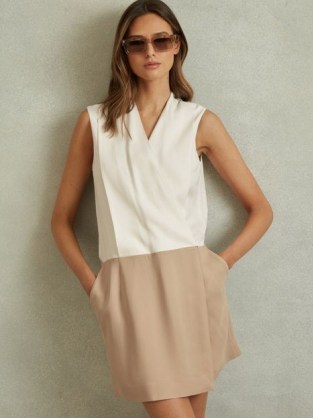 Reiss VIE WRAP-FRONT SHIFT DRESS in Nude/Ivory / chic sleeveless colour block summet dresses