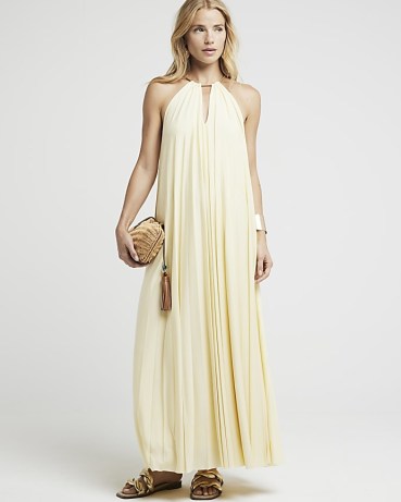 RIVER ISLAND Yellow Gold Hardware Halter Neck Maxi Dress – long length halterneck summer occasion dresses – chic holiday evening fashion