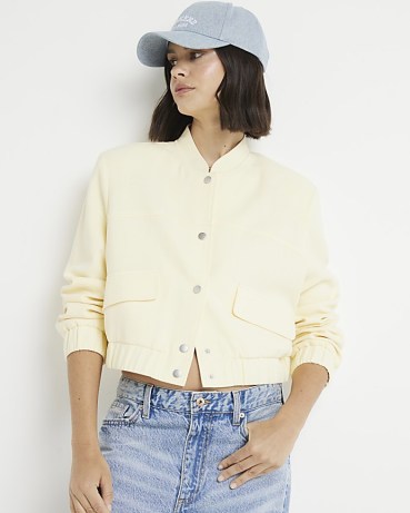 River Island Yellow Linen Blend Tailored Bomber Jacket | women’s cropped baseball collar jackets