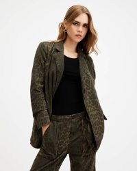ALLSAINTS Aleida Leopard Print Denim Blazer in Leopard Green | women’s relaxed fit open front blazers with animal prints