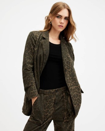 ALLSAINTS Aleida Leopard Print Denim Blazer in Leopard Green | women’s relaxed fit open front blazers with animal prints