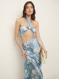 Reformation Vivi Silk Dress in Aliso / silky blue and white halter maxi dresses / summer event fashion in