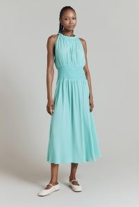 GHOST Alora Crinkle Midi Dress Blue – women’s halter neck summer dresses – elegant halterneck holiday clothing