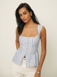 Reformation Evie Linen Top Summer Must-Haves in Antibes Stripe | striped sleeveless peplum tops | summer fashion