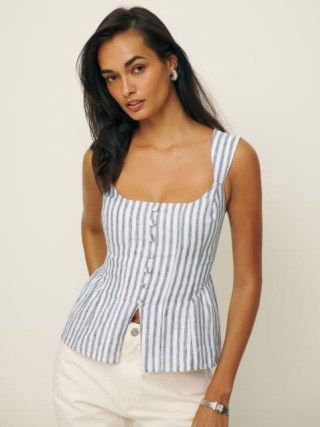 Reformation Evie Linen Top Summer Must-Haves in Antibes Stripe | striped sleeveless peplum tops | summer fashion