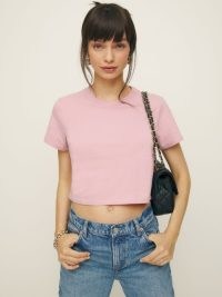 Reformation Cropped Classic Crew Tee in Babygirl ~ women’s pink short sleeve crop hem T-shirt ~ womens organic cotton slim fit T-shirts