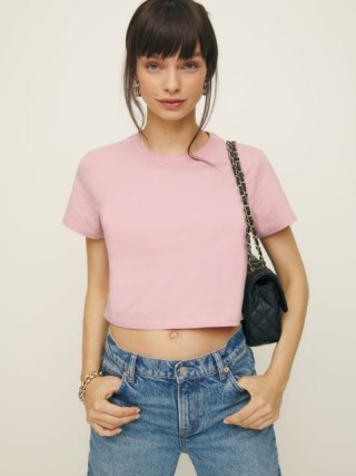 Reformation Cropped Classic Crew Tee in Babygirl ~ women’s pink short sleeve crop hem T-shirt ~ womens organic cotton slim fit T-shirts