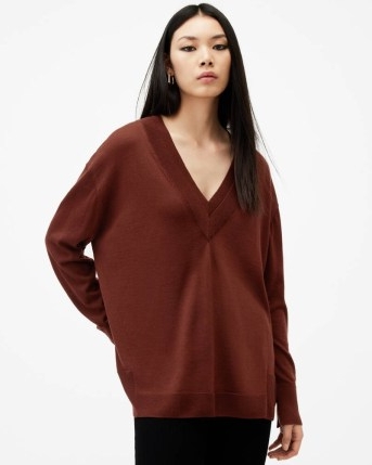 ALLSAINTS Bern Merino Wool V-Neck Jumper in Sugar Brown | women’s lightweight jumpers | womens knitwear made with RWS certified wool