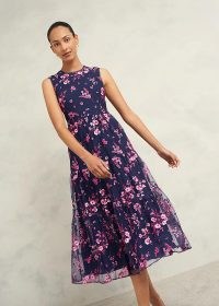 HOBBS BETHANY EMBROIDERED DRESS COLOUR: NAVY PINK ~ sleeveless dark blue floral occasion midi dresses ~ feminine sheer overlay fit and flare