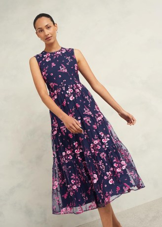 HOBBS BETHANY EMBROIDERED DRESS COLOUR: NAVY PINK ~ sleeveless dark blue floral occasion midi dresses ~ feminine sheer overlay fit and flare