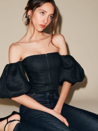 Reformation Thayer Top Black – fitted balloon sleeve bardot tops – off the shoulder fashion