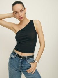 Reformation x Laura Harrier Maddie Knit Top in Black ~ cropped fitted one shoulder tops ~ asymmetric neckline clothing