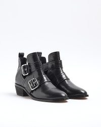 RIVER ISLAND Black Buckle Western Heeled Boots ~ women’s cut out double buckled ankle boot