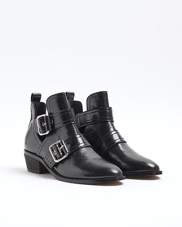 RIVER ISLAND Black Buckle Western Heeled Boots ~ women’s cut out double buckled ankle boot