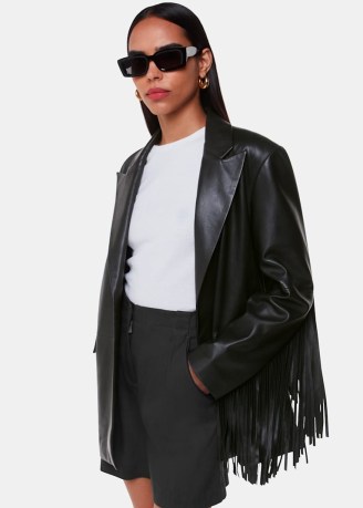 WHISTLES Gia Leather Fringed Jacket Colour: Black ~ women’s luxe fringe trimmed jackets