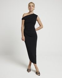 RIVER ISLAND Black Off Shoulder Bodycon Midi Dress – fitted asymmetric neckline evening dresses