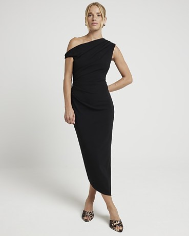 RIVER ISLAND Black Off Shoulder Bodycon Midi Dress – fitted asymmetric neckline evening dresses