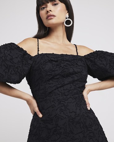 River Island Black Puff Sleeve Skater Midi Dress | women’s cold shoulder party dresses