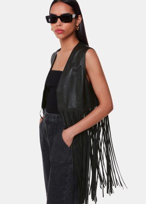 WHISTLES Rei Leather Fringed Waistcoat Colour: Black ~ luxe boho clothing ~ luxury fringe trimmed waistcoats