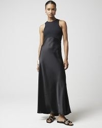 RIVER ISLAND Black Satin Hybrid Slip Maxi Dress ~ silky sleeveless dresses