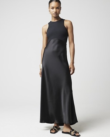 RIVER ISLAND Black Satin Hybrid Slip Maxi Dress ~ silky sleeveless dresses