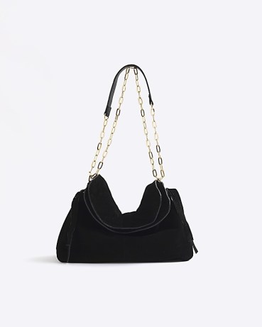 River Island Black Souchy Suede Shoulder Bag | chain strap slouch bags