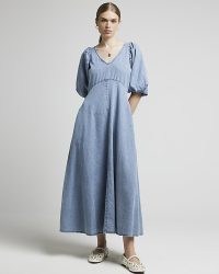 RIVER ISLAND Blue Denim Puff Sleeve Smock Midi Dress – puffed sleeved dresses