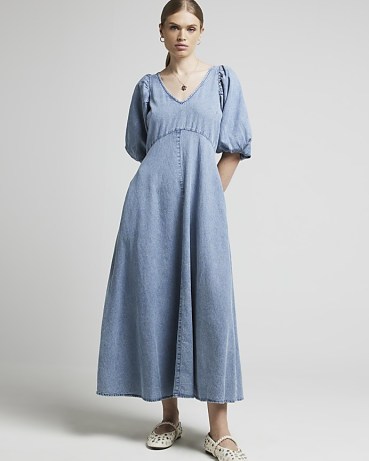 RIVER ISLAND Blue Denim Puff Sleeve Smock Midi Dress – puffed sleeved dresses