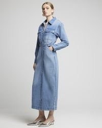 River Island Blue Denim Zip Up Midi Shirt Dress | women’s cotton long sleeve collared dresses