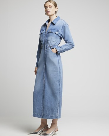 River Island Blue Denim Zip Up Midi Shirt Dress | women’s cotton long sleeve collared dresses