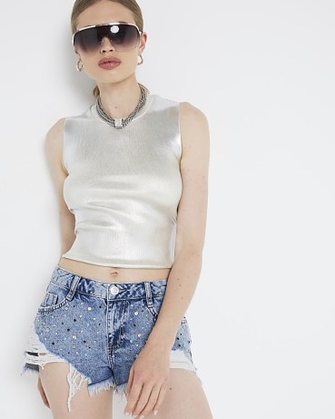 RIVER ISLAND Blue Embellished Distressed Denim Shorts