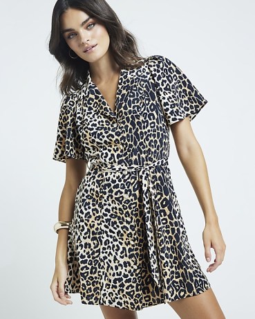 RIVER ISLAND Brown Leopard Print Belted Mini Shirt Dress ~ short sleeve collared tie waist dresses ~ women’s fashion with animal prints