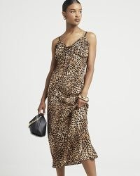 RIVER ISLAND Brown Leopard Print Frill Trim Slip Midi Dress – animal print slip dresses – glamorous evening fashion