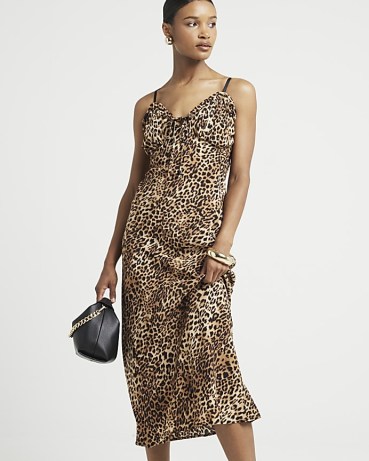 RIVER ISLAND Brown Leopard Print Frill Trim Slip Midi Dress – animal print slip dresses – glamorous evening fashion