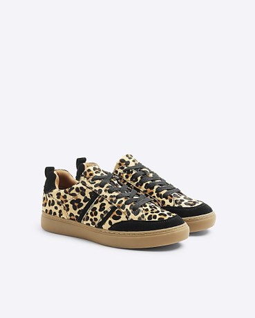 River Island Brown Leopard Print Suede Trainers | women’s flat casual shoes with animal prints