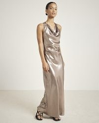 RIVER ISLAND Brown Metallic Halter Neck Slip Maxi Dress ~ shiny draped cowl halterneck dresses