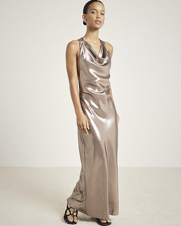 RIVER ISLAND Brown Metallic Halter Neck Slip Maxi Dress ~ shiny draped cowl halterneck dresses