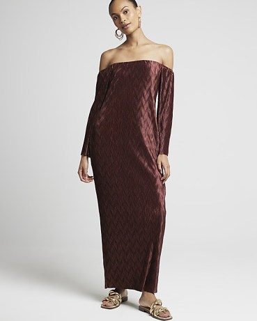 RIVER ISLAND Brown Plisse Wave Bardot Bodycon Maxi Dress – long sleeve off the shoulder dresses