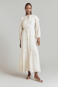 GHOST Camille Lurex Georgette Maxi Dress Ivory – off white tiered metallic detail summer dresses – blouson sleeves – ruffled details