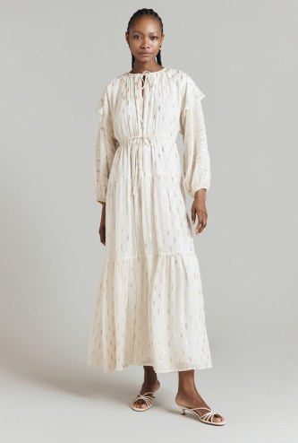 GHOST Camille Lurex Georgette Maxi Dress Ivory – off white tiered metallic detail summer dresses – blouson sleeves – ruffled details