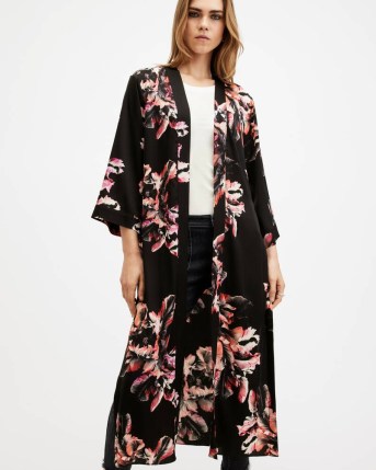 ALLSAINTS Carine Longline Printed Kimono in Monica Petal Pink | black floral kimonos