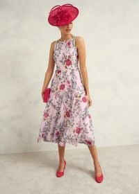 HOBBS CARLY DRESS COLOUR: PALE PINK MULTI ~ floral sleevelss fit and flare summer event midi dresses