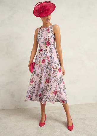 HOBBS CARLY DRESS COLOUR: PALE PINK MULTI ~ floral sleevelss fit and flare summer event midi dresses